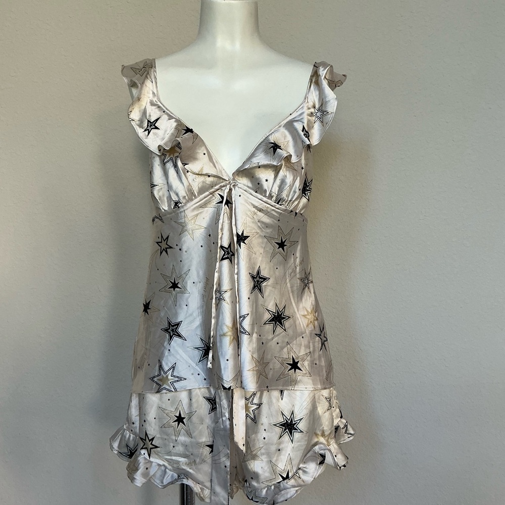 Victoria's Secret Ivory Star-Print Satin Chemise with Ruffle Trim
